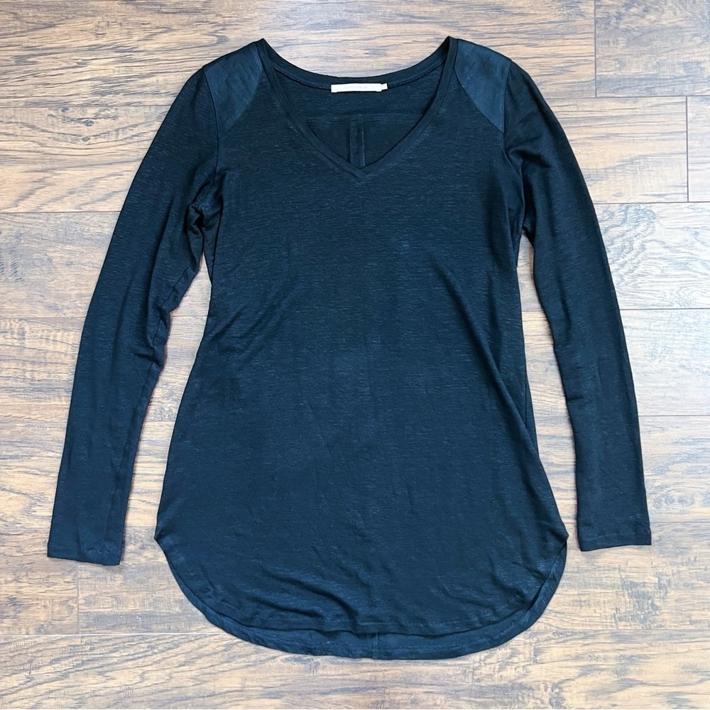 Elaine Kim Linen Knit Tunic Top Black Minimalist Designer V Neck Mixed Media